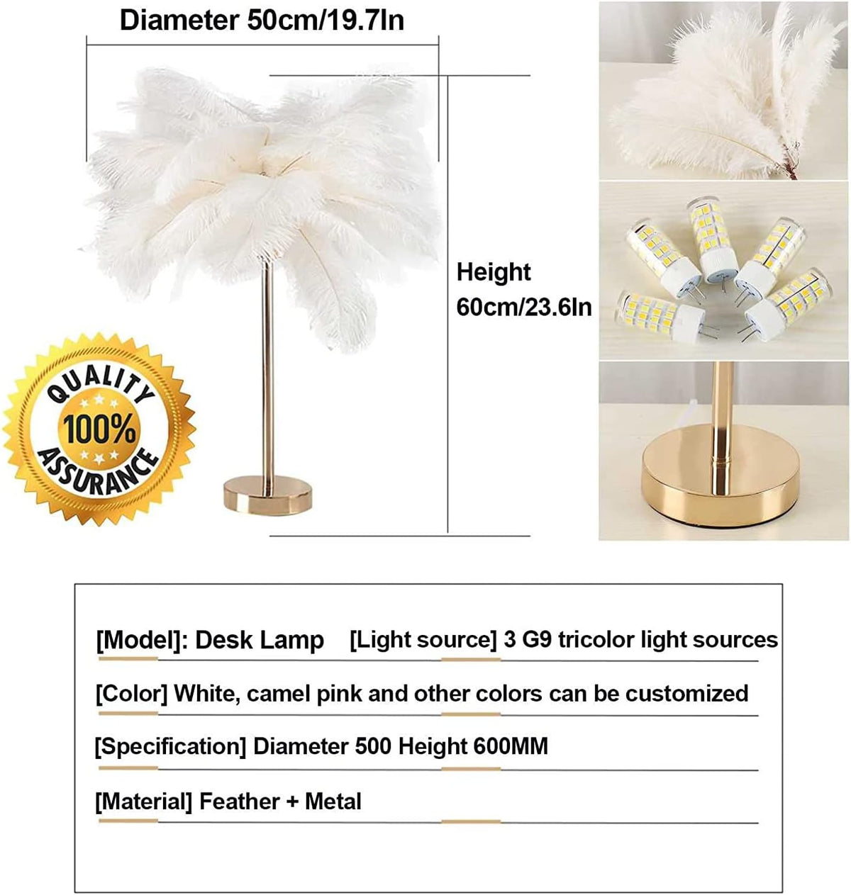 Nordic Luxury Feather Table Lamp Bedside Living Room Desk Table Lights Indoor Lighting Ostrich Feather Stand Light Night Light 3 Level Brightness for Bedrooms Study Rooms Living Rooms (Pink)