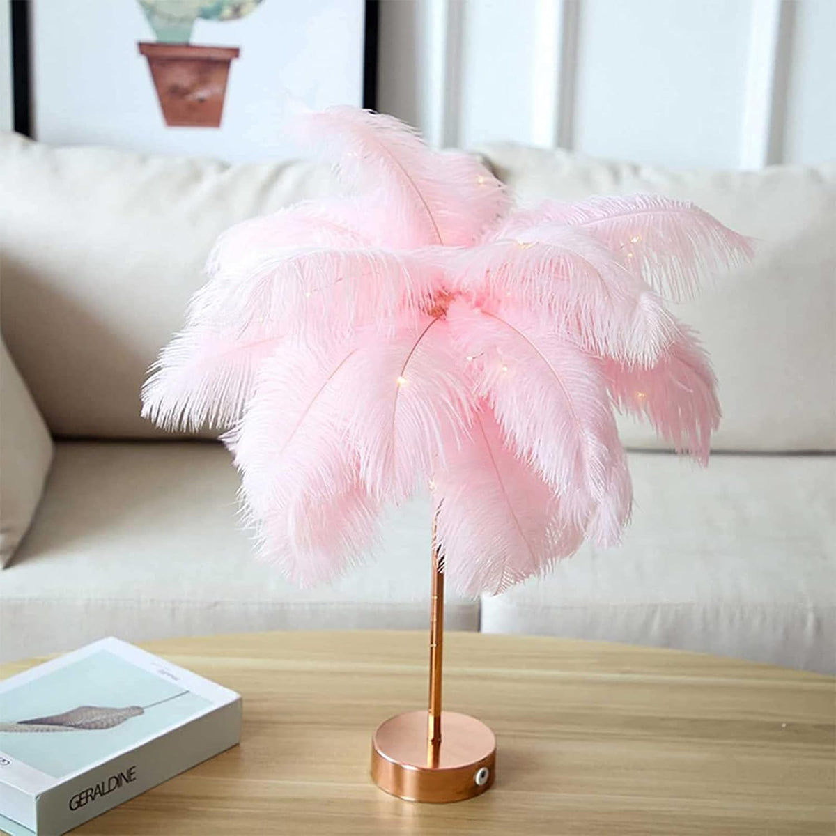 Nordic Luxury Feather Table Lamp Bedside Living Room Desk Table Lights Indoor Lighting Ostrich Feather Stand Light Night Light 3 Level Brightness for Bedrooms Study Rooms Living Rooms (Pink)