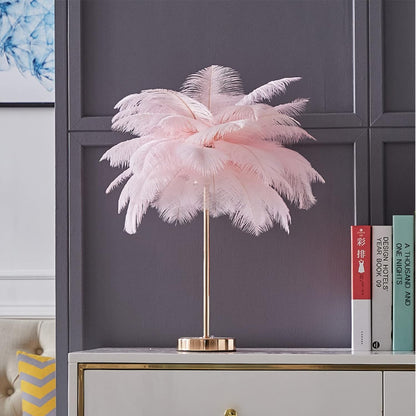 Nordic Luxury Feather Table Lamp Bedside Living Room Desk Table Lights Indoor Lighting Ostrich Feather Stand Light Night Light 3 Level Brightness for Bedrooms Study Rooms Living Rooms (Pink)