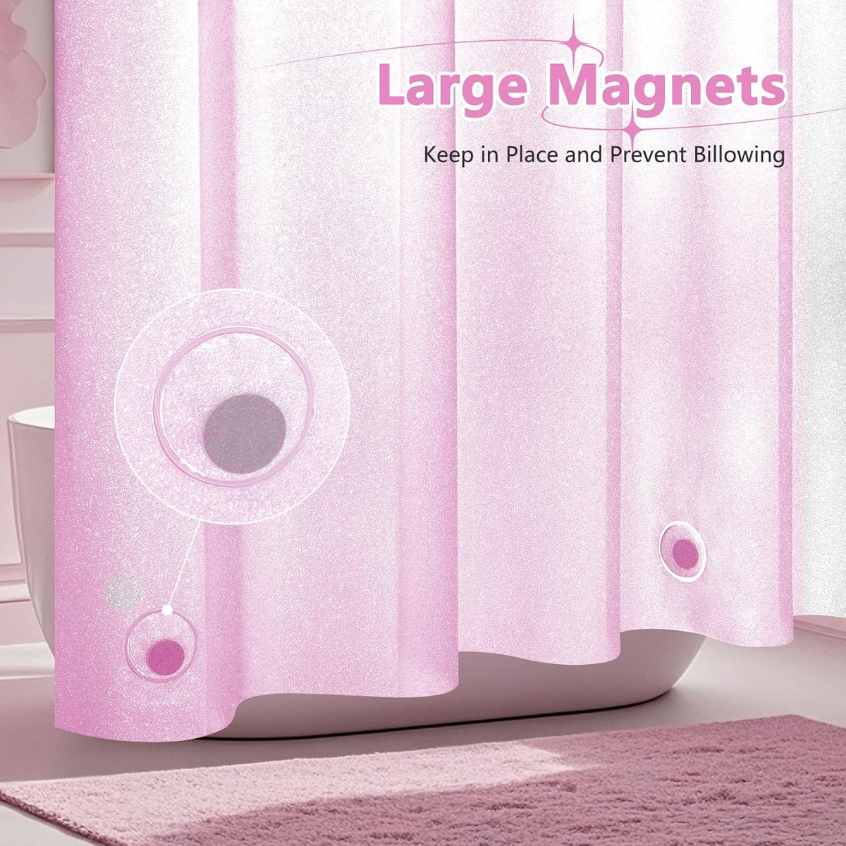 Waterproof Plastic Dreamy Pink Glitter Shower Curtain, Sparkle PEVA Shower Curtain Liner with 3 Large Magnets, 72 x 72 inch Blingbling Shimmery Bathroom Décor Shower Curtain Rose Pink