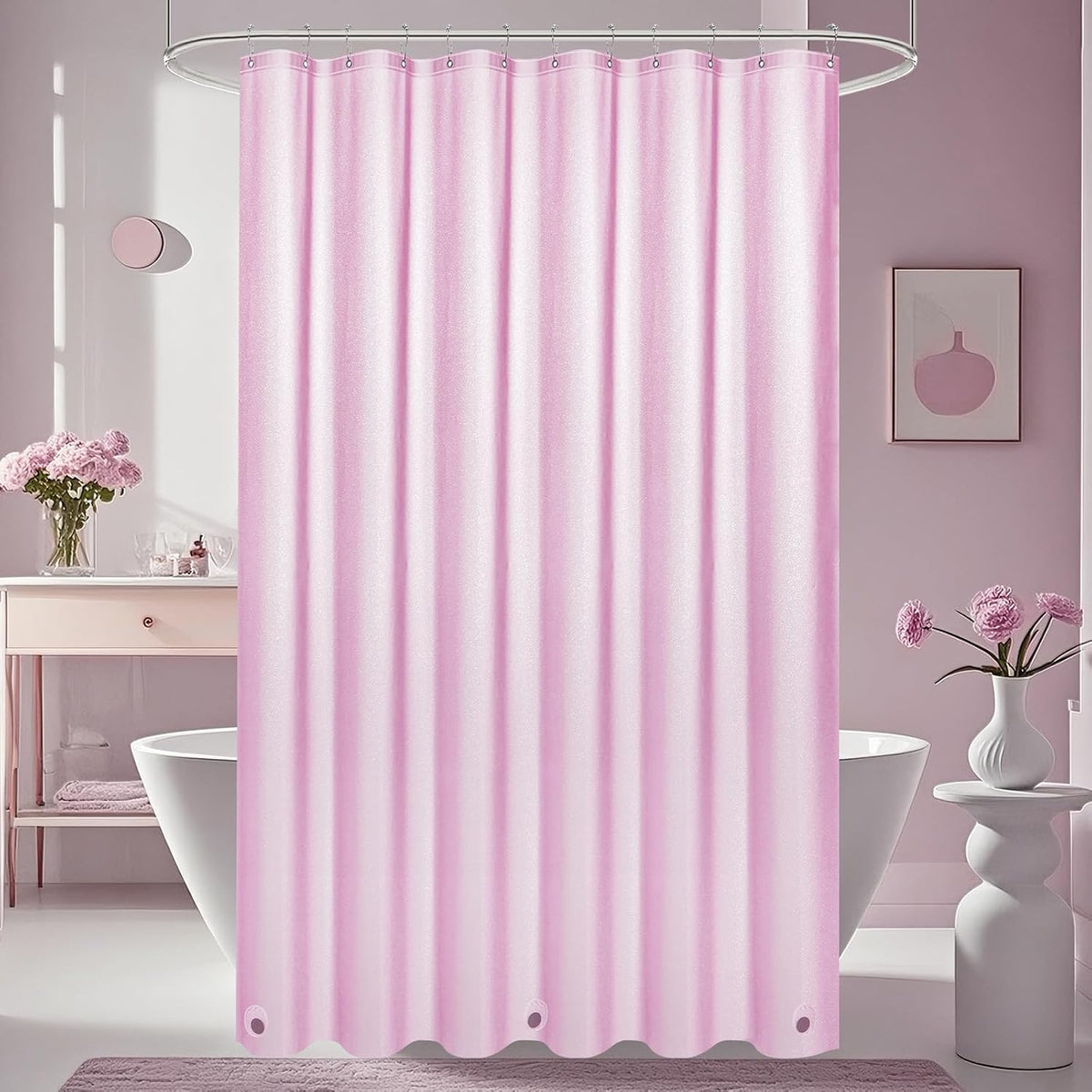 Waterproof Plastic Dreamy Pink Glitter Shower Curtain, Sparkle PEVA Shower Curtain Liner with 3 Large Magnets, 72 x 72 inch Blingbling Shimmery Bathroom Décor Shower Curtain Rose Pink