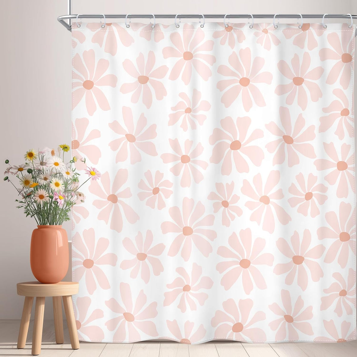 Long Blush Pink Daisy Floral Shower Curtain Set Boho Spring Bathroom Decor