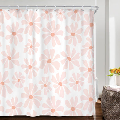 Long Blush Pink Daisy Floral Shower Curtain Set Boho Spring Bathroom Decor