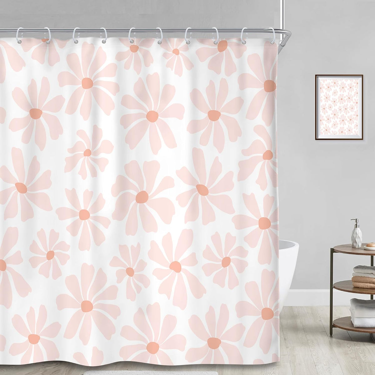 Long Blush Pink Daisy Floral Shower Curtain Set Boho Spring Bathroom Decor