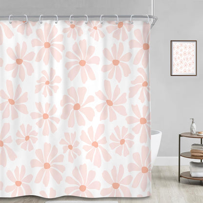 Long Blush Pink Daisy Floral Shower Curtain Set Boho Spring Bathroom Decor
