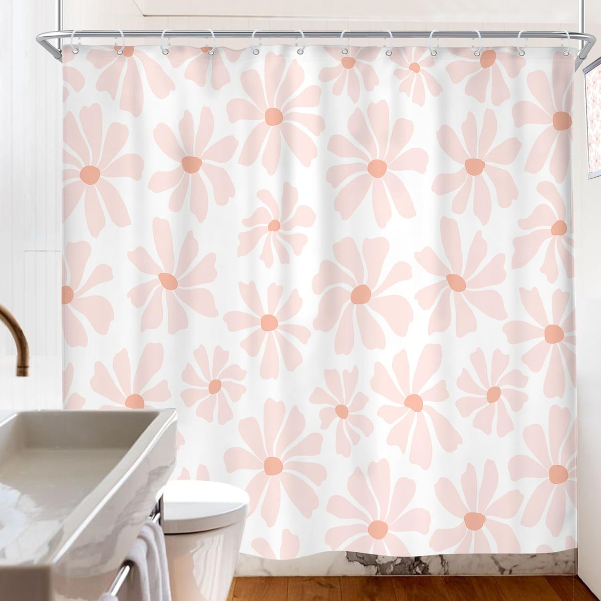 Long Blush Pink Daisy Floral Shower Curtain Set Boho Spring Bathroom Decor