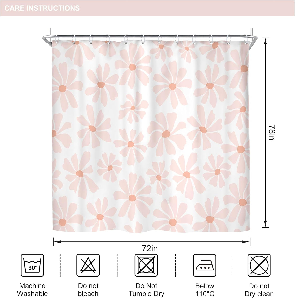 Long Blush Pink Daisy Floral Shower Curtain Set Boho Spring Bathroom Decor