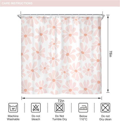Long Blush Pink Daisy Floral Shower Curtain Set Boho Spring Bathroom Decor