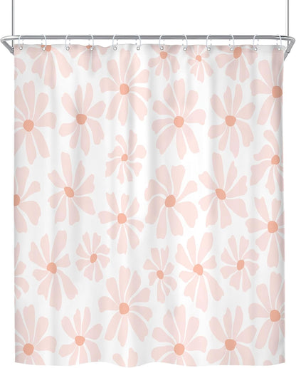 Long Blush Pink Daisy Floral Shower Curtain Set Boho Spring Bathroom Decor