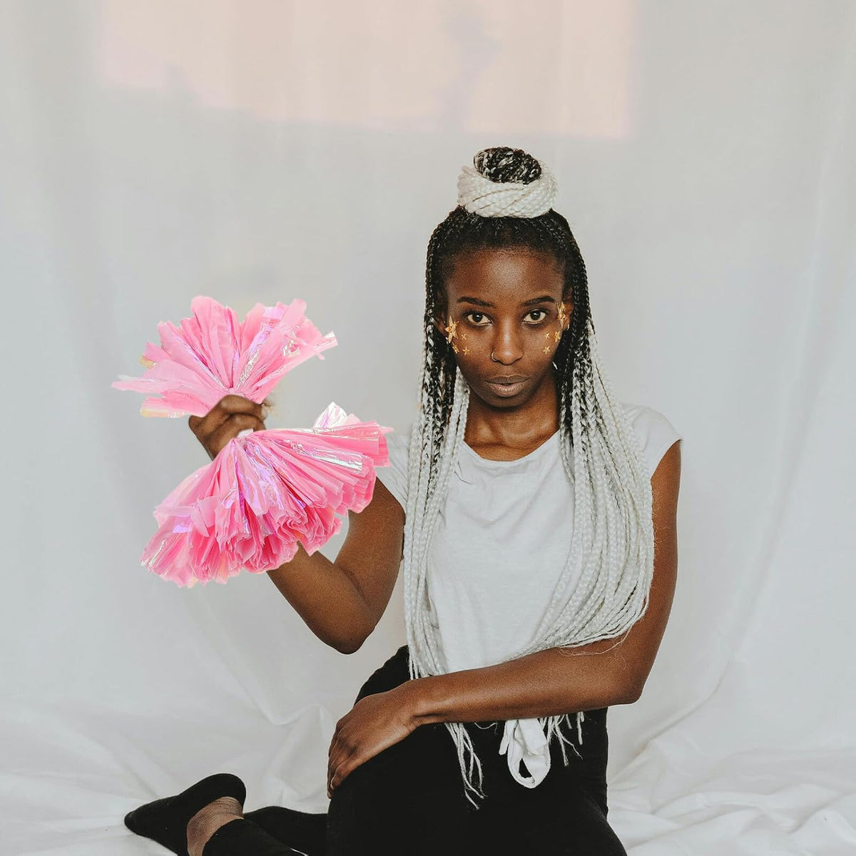 2pcs Cheer Pom Poms with Handle for Competition Cheerleading Team Spirit Accessories 6-inch Rainbow Matte Pink for School Dance Performances