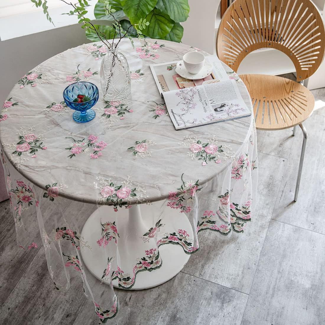 Elegant Lace Tablecloth Floral Embroidery Lace Table Cover Overlay for Party Wedding Kitchen Dining Home Decorations (Pink,51"x51")