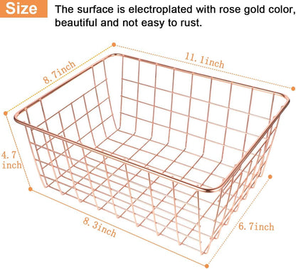 4 Pack Wire Baskets for Pantry Metal Wire Freezer Organizer Bins with Handles, Metal Basket Rose Gold Wire Baskets for Storage Organizing Office, Kitchen Cabinets, Bathroom, Countertop