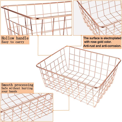 4 Pack Wire Baskets for Pantry Metal Wire Freezer Organizer Bins with Handles, Metal Basket Rose Gold Wire Baskets for Storage Organizing Office, Kitchen Cabinets, Bathroom, Countertop