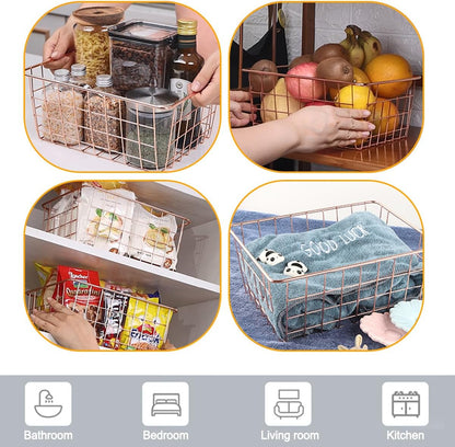4 Pack Wire Baskets for Pantry Metal Wire Freezer Organizer Bins with Handles, Metal Basket Rose Gold Wire Baskets for Storage Organizing Office, Kitchen Cabinets, Bathroom, Countertop