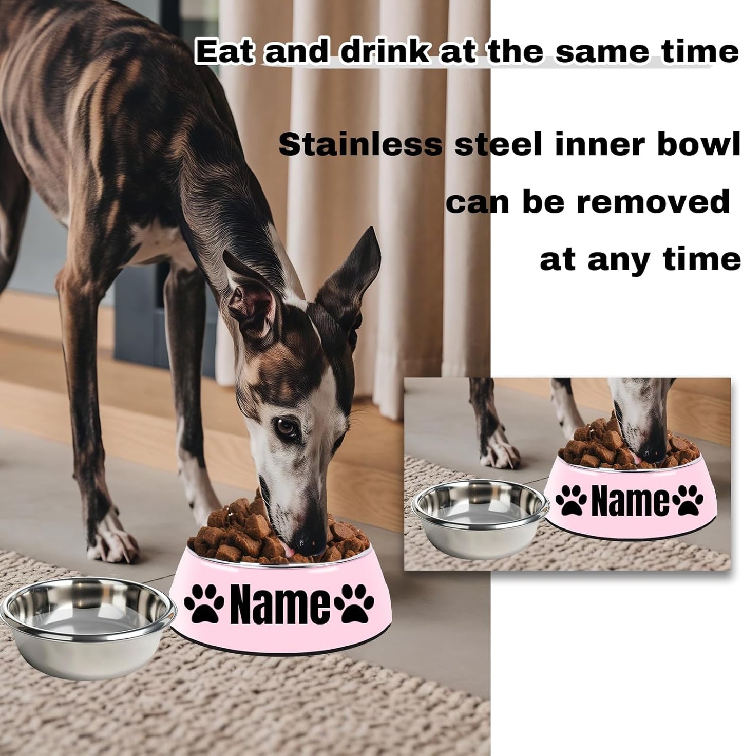 Personalized Stainless Steel Dog & Cat Food/Water Bowls – Custom Pet Name, Non-Slip, Easy Clean Feeding Dishes with Separate Plates(Pink)