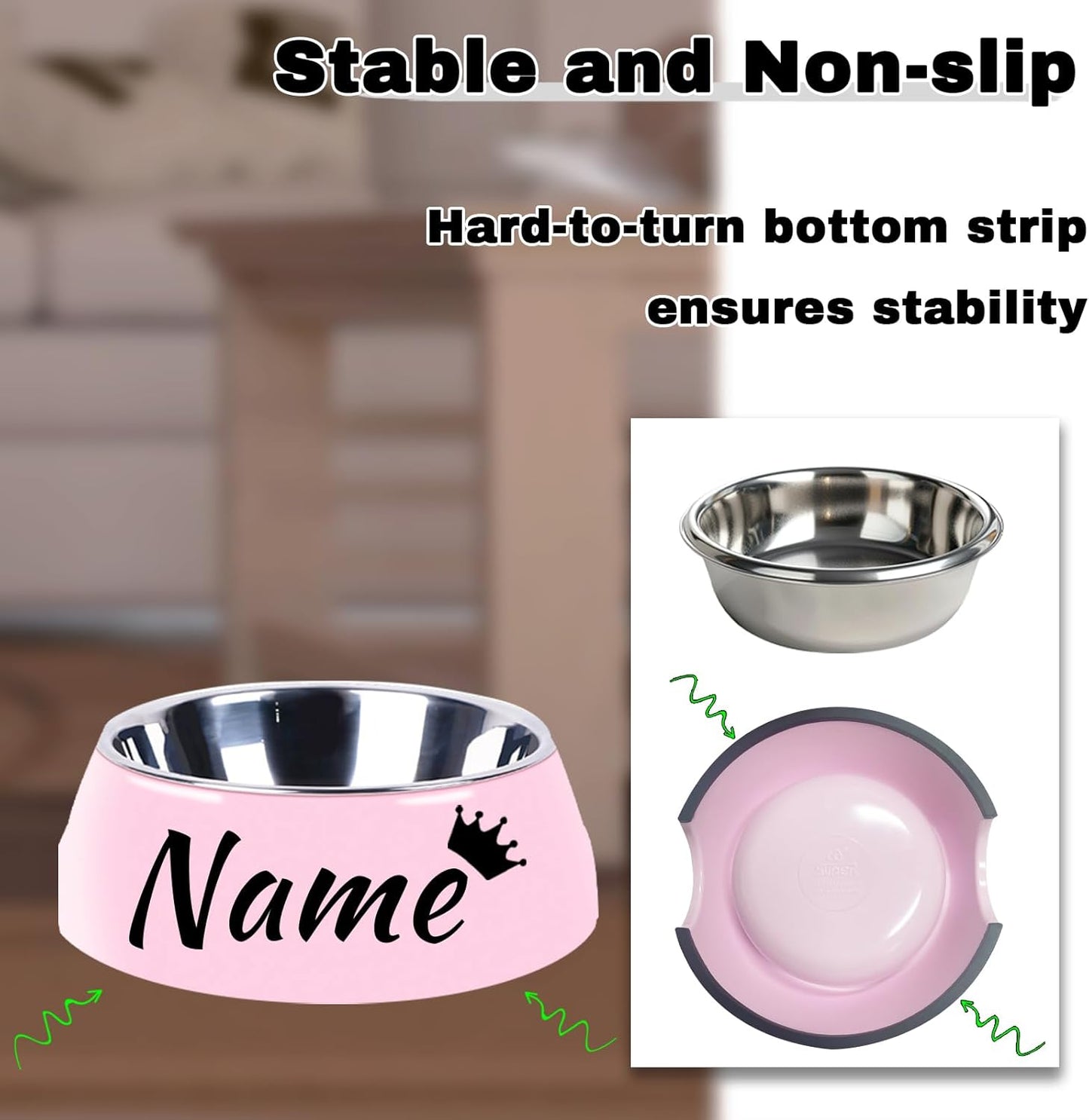 Personalized Stainless Steel Dog & Cat Food/Water Bowls – Custom Pet Name, Non-Slip, Easy Clean Feeding Dishes with Separate Plates(Pink)