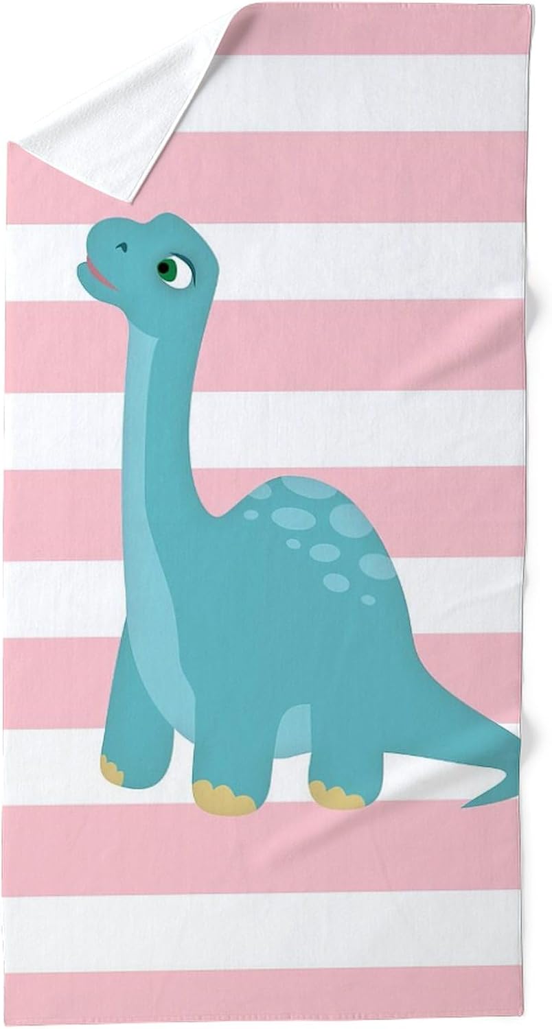 Cute Blue Dinosaur On Pastel Pink Stripes Beach to 30"x60" Absorbent Cotton Back, Soft Beach, Pool Towel