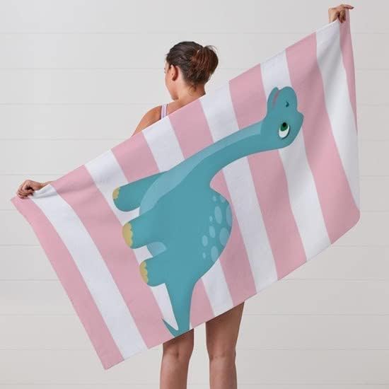 Cute Blue Dinosaur On Pastel Pink Stripes Beach to 30"x60" Absorbent Cotton Back, Soft Beach, Pool Towel
