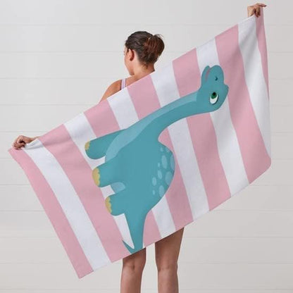 Cute Blue Dinosaur On Pastel Pink Stripes Beach to 30"x60" Absorbent Cotton Back, Soft Beach, Pool Towel