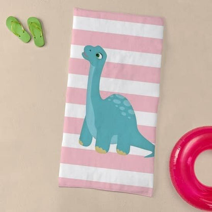 Cute Blue Dinosaur On Pastel Pink Stripes Beach to 30"x60" Absorbent Cotton Back, Soft Beach, Pool Towel
