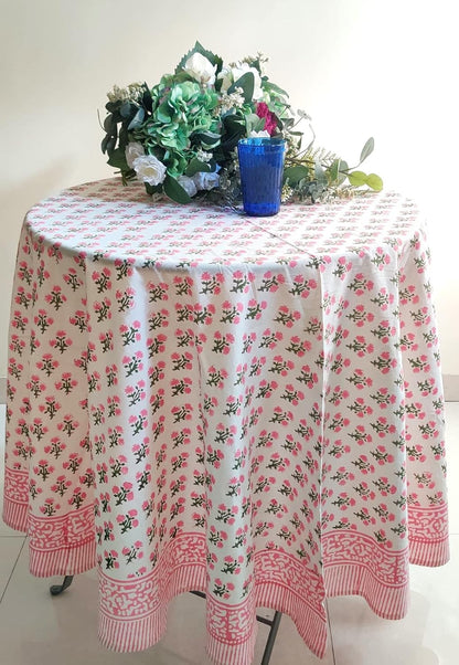 Cotton Blockprint Round Tablecloth, Gulbahar Pink, 90 Inches