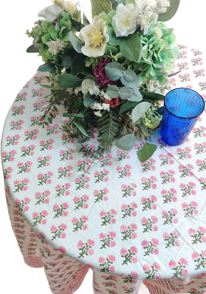 Cotton Blockprint Round Tablecloth, Gulbahar Pink, 90 Inches