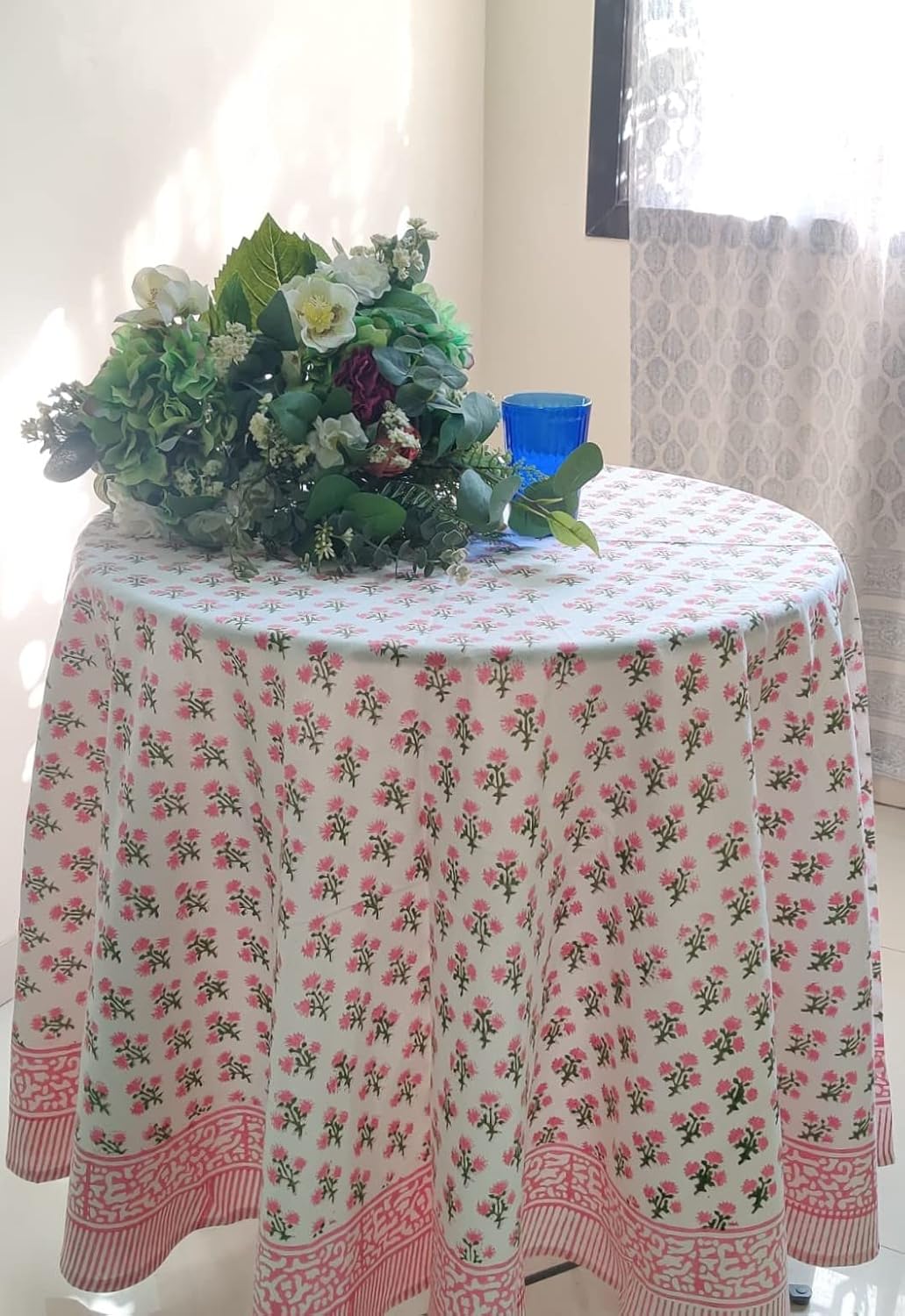 Cotton Blockprint Round Tablecloth, Gulbahar Pink, 90 Inches