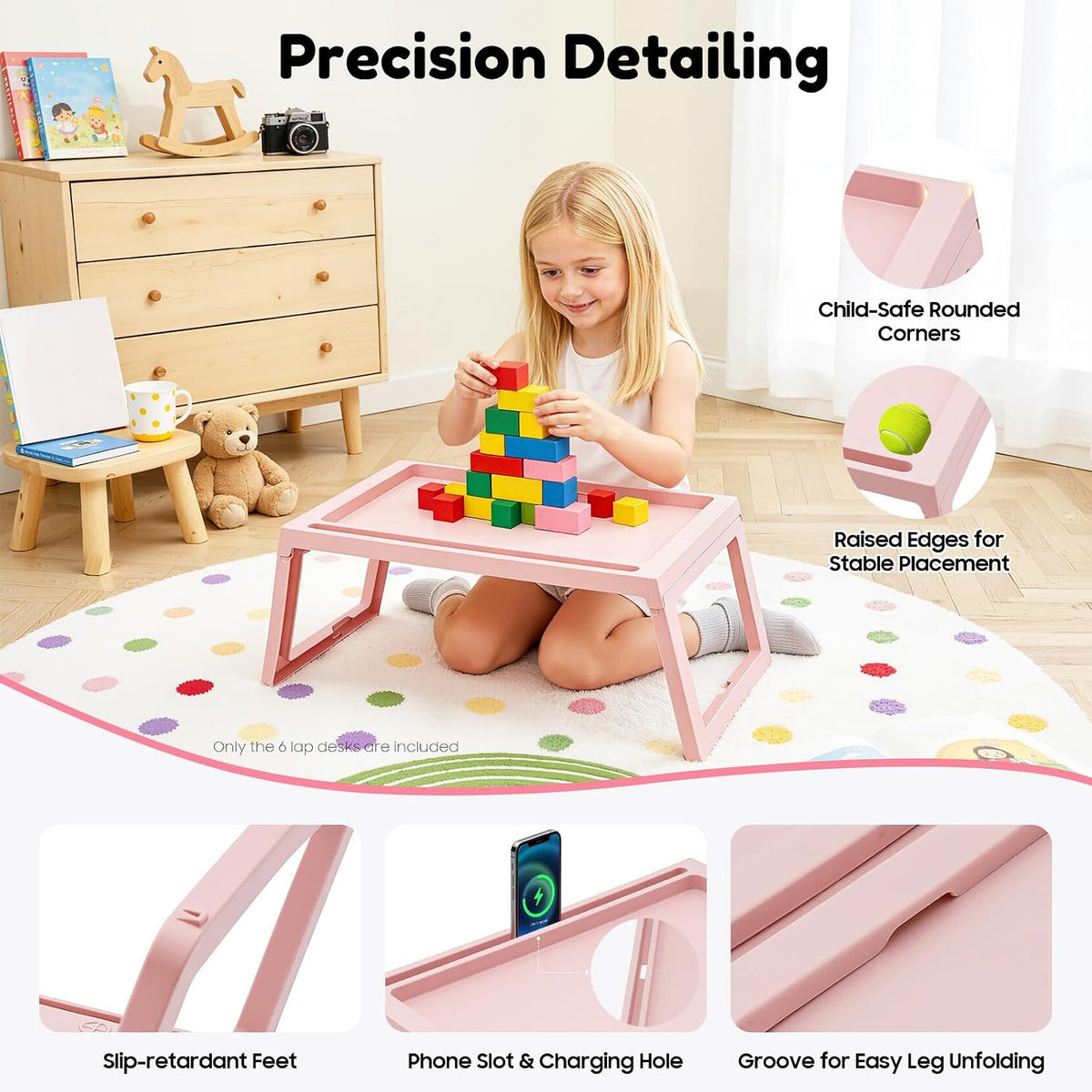 Foldable Lap Desk Set of 6, Portable Tray Table with Charging Hole & Tablet Slot for Bed Sofa Lightweight Laptop Stand for Home Office Kids Adults, White (Pink, 6Pcs)