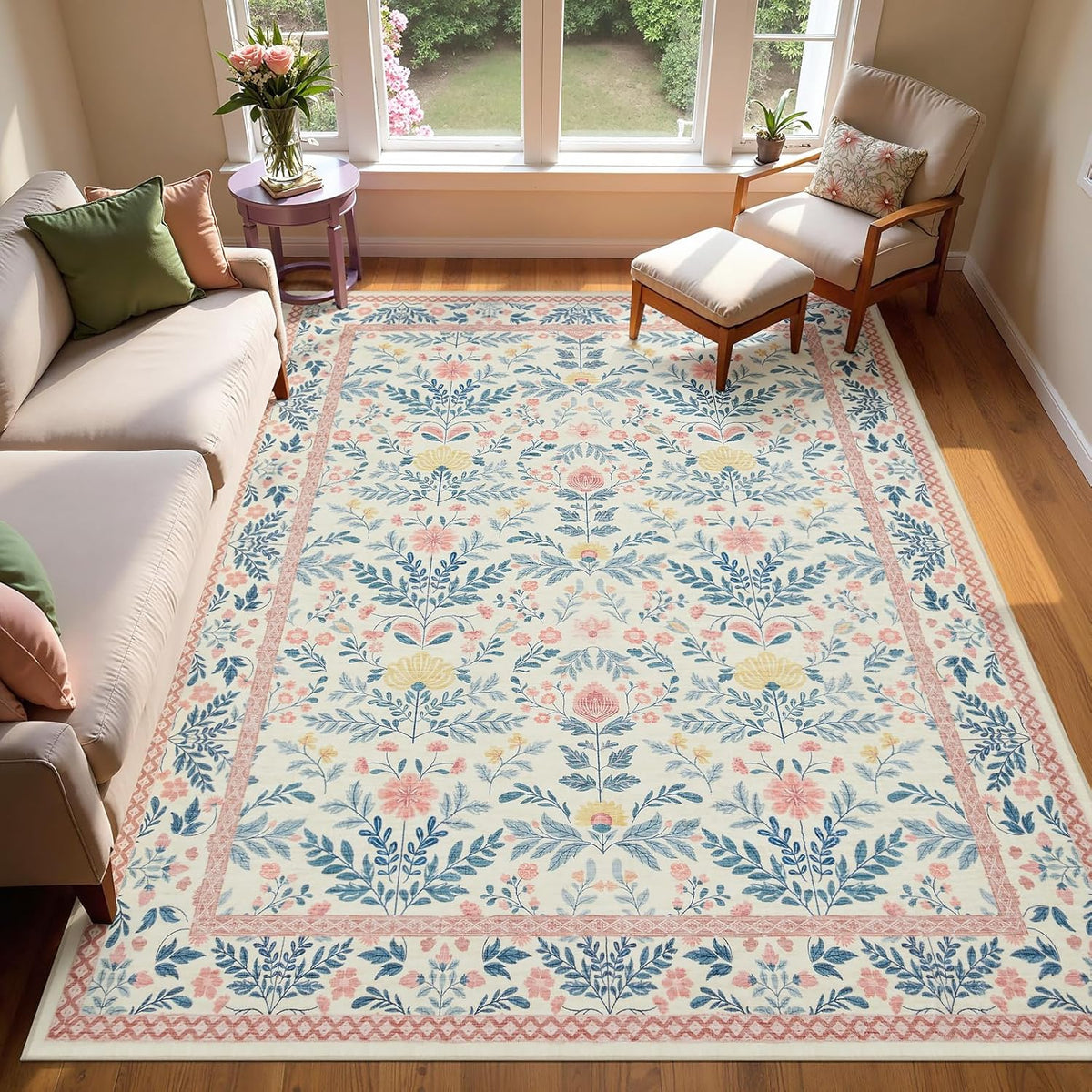 Pink Rug 5x7 Washable Cute Kids Girls Room Boho Floral Area Rugs