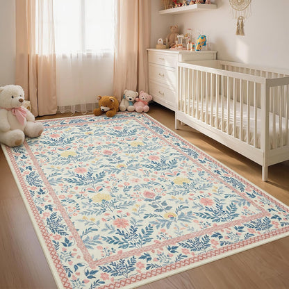 Pink Rug 5x7 Washable Cute Kids Girls Room Boho Floral Area Rugs