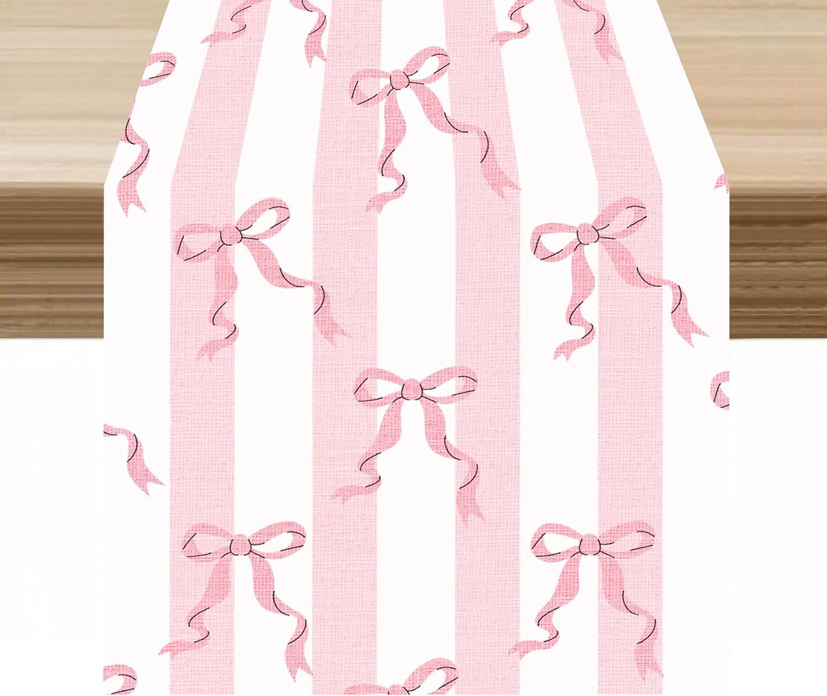 Stripe Table Runner Ribbon Bow Striped White Pink Print Pattern Decor for Indoor Outdoor Kids Party Dinner Festival Farmhouse Holiday Home Kitchen Dining Room, 13x36in