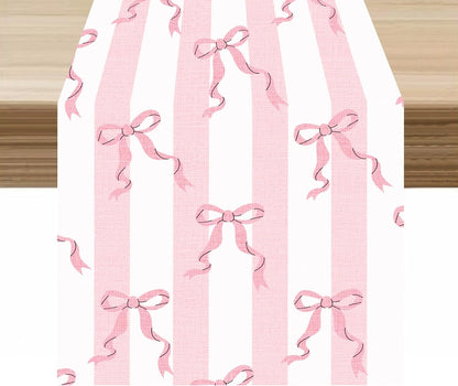 Stripe Table Runner Ribbon Bow Striped White Pink Print Pattern Decor for Indoor Outdoor Kids Party Dinner Festival Farmhouse Holiday Home Kitchen Dining Room, 13x36in