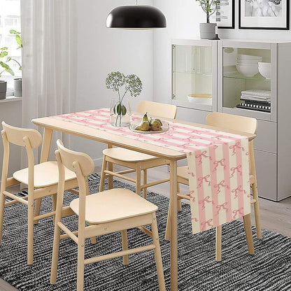 Stripe Table Runner Ribbon Bow Striped White Pink Print Pattern Decor for Indoor Outdoor Kids Party Dinner Festival Farmhouse Holiday Home Kitchen Dining Room, 13x36in