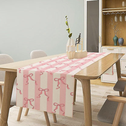 Stripe Table Runner Ribbon Bow Striped White Pink Print Pattern Decor for Indoor Outdoor Kids Party Dinner Festival Farmhouse Holiday Home Kitchen Dining Room, 13x36in