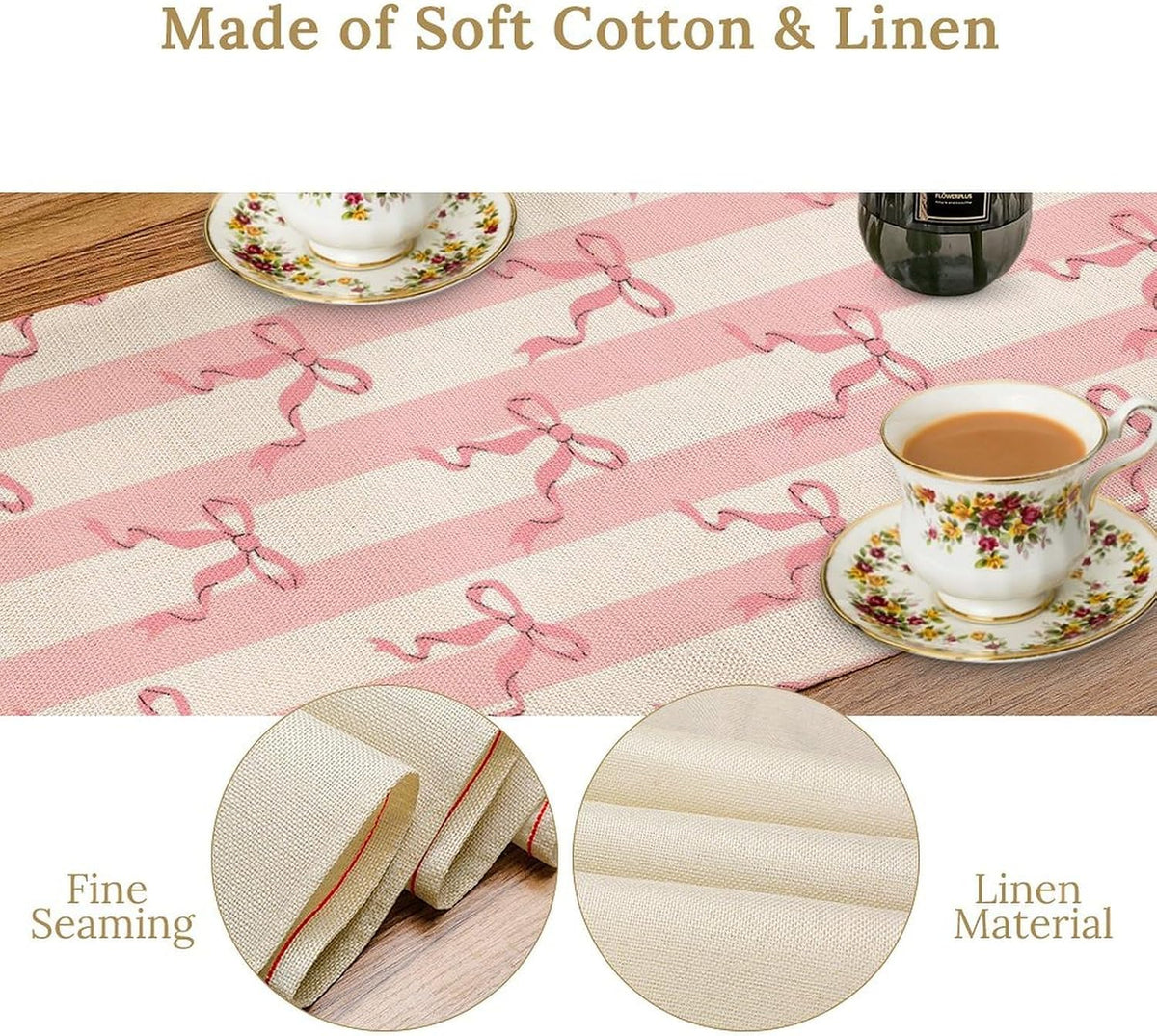Stripe Table Runner Ribbon Bow Striped White Pink Print Pattern Decor for Indoor Outdoor Kids Party Dinner Festival Farmhouse Holiday Home Kitchen Dining Room, 13x36in