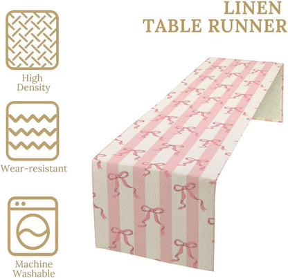 Stripe Table Runner Ribbon Bow Striped White Pink Print Pattern Decor for Indoor Outdoor Kids Party Dinner Festival Farmhouse Holiday Home Kitchen Dining Room, 13x36in