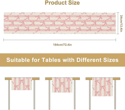 Stripe Table Runner Ribbon Bow Striped White Pink Print Pattern Decor for Indoor Outdoor Kids Party Dinner Festival Farmhouse Holiday Home Kitchen Dining Room, 13x36in