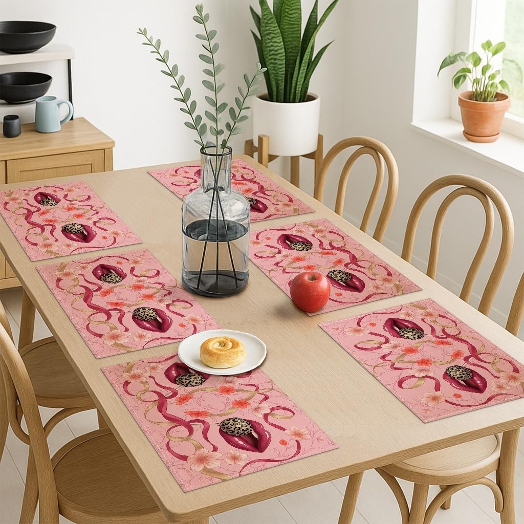 Elegant Floral Placemats, Modern Peach Design for Dining Table, Decorative Non-Slip Washable Indoor Outdoor Kitchen Party Placemats Set of 6