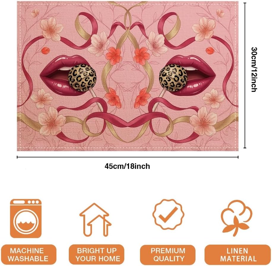 Elegant Floral Placemats, Modern Peach Design for Dining Table, Decorative Non-Slip Washable Indoor Outdoor Kitchen Party Placemats Set of 6
