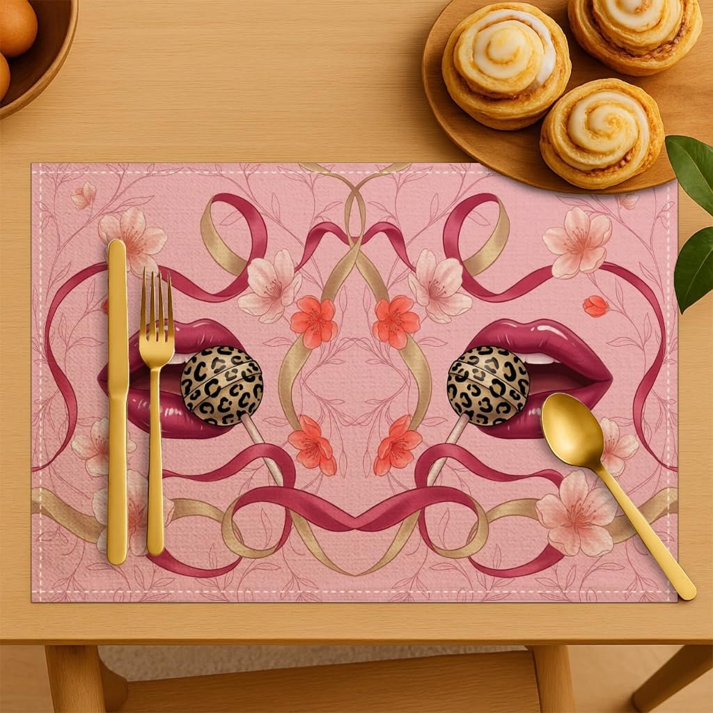 Elegant Floral Placemats, Modern Peach Design for Dining Table, Decorative Non-Slip Washable Indoor Outdoor Kitchen Party Placemats Set of 6