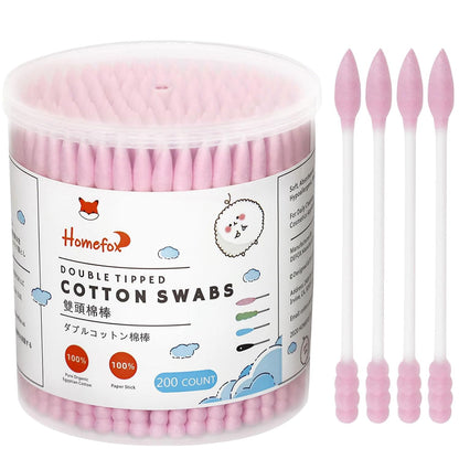 Pink Cotton Swabs Spiral Pointed - 200 Count Organic Cotton Buds Double Side Tightly Wrapped Precision Cotton Tips Paper Stick Soft Gentle Lint-Free Cruelty-Free, Spiral & Pointy (Pink)