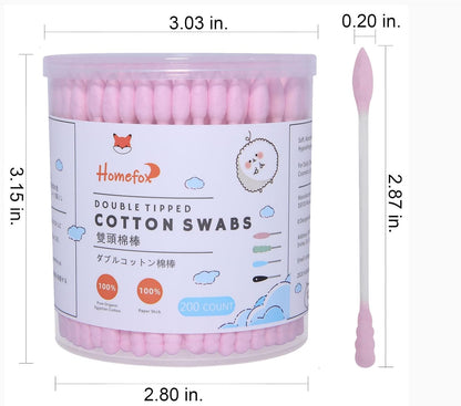 Pink Cotton Swabs Spiral Pointed - 200 Count Organic Cotton Buds Double Side Tightly Wrapped Precision Cotton Tips Paper Stick Soft Gentle Lint-Free Cruelty-Free, Spiral & Pointy (Pink)