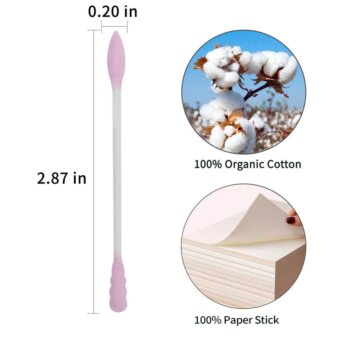 Pink Cotton Swabs Spiral Pointed - 200 Count Organic Cotton Buds Double Side Tightly Wrapped Precision Cotton Tips Paper Stick Soft Gentle Lint-Free Cruelty-Free, Spiral & Pointy (Pink)