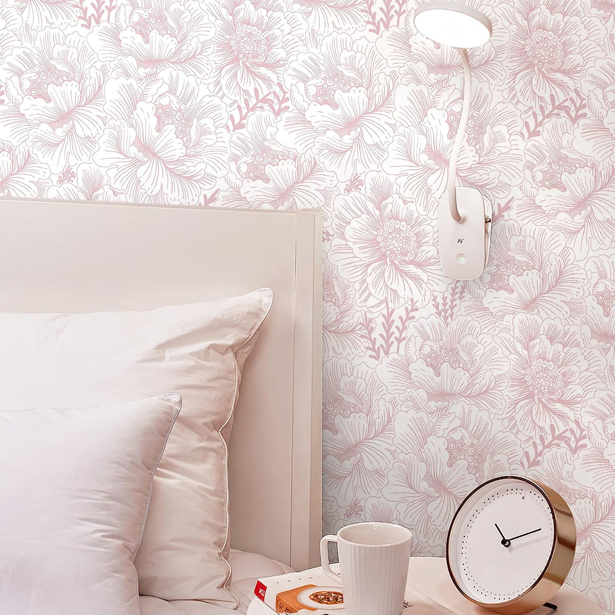 17.3in×118in Floral Peel and Stick Wallpaper Boho Contact Paper Pink and White Wall Paper Modern Removable Wallpaper for Bedroom Bathroom Nursery Mural Wall Self Adhesive Waterproof Vinyl Roll