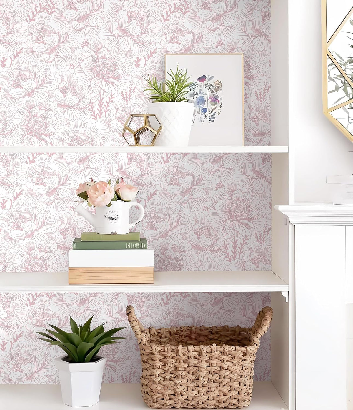 17.3in×118in Floral Peel and Stick Wallpaper Boho Contact Paper Pink and White Wall Paper Modern Removable Wallpaper for Bedroom Bathroom Nursery Mural Wall Self Adhesive Waterproof Vinyl Roll