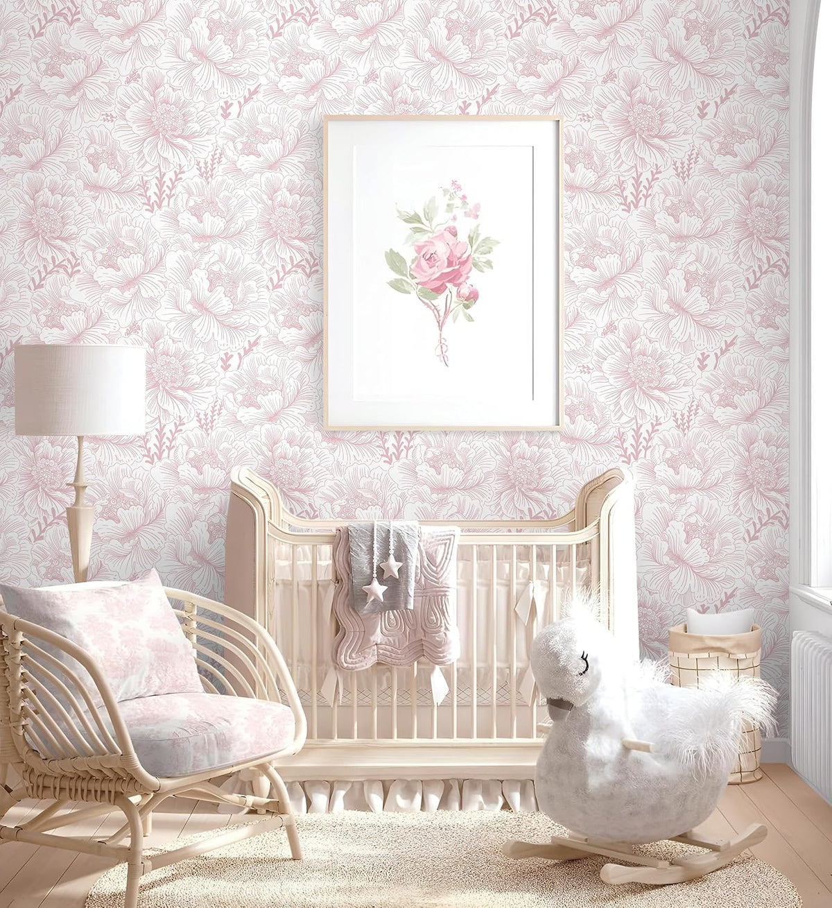 17.3in×118in Floral Peel and Stick Wallpaper Boho Contact Paper Pink and White Wall Paper Modern Removable Wallpaper for Bedroom Bathroom Nursery Mural Wall Self Adhesive Waterproof Vinyl Roll