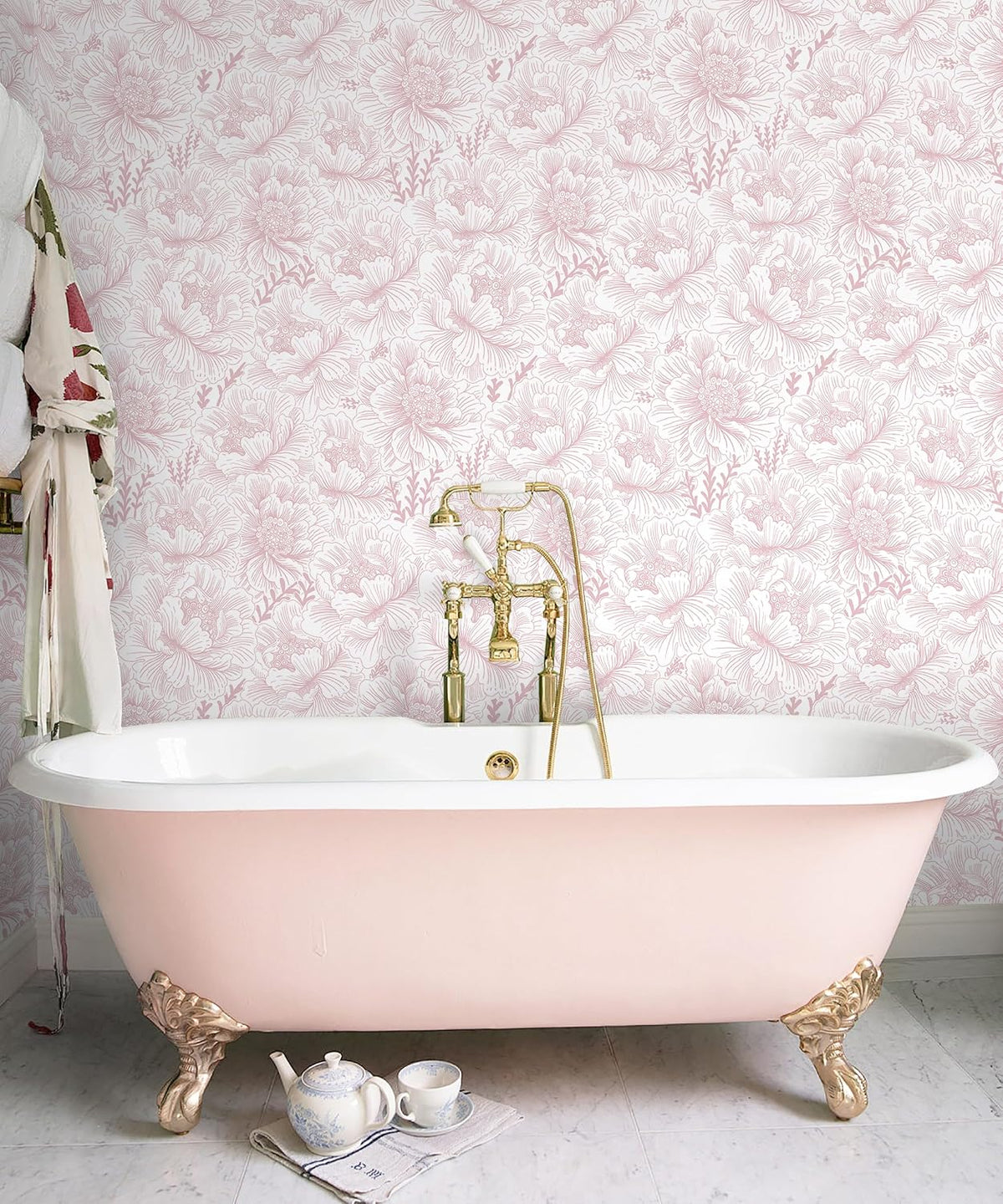 17.3in×118in Floral Peel and Stick Wallpaper Boho Contact Paper Pink and White Wall Paper Modern Removable Wallpaper for Bedroom Bathroom Nursery Mural Wall Self Adhesive Waterproof Vinyl Roll