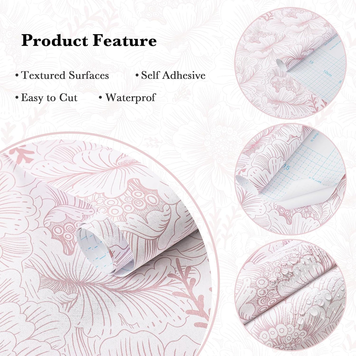 17.3in×118in Floral Peel and Stick Wallpaper Boho Contact Paper Pink and White Wall Paper Modern Removable Wallpaper for Bedroom Bathroom Nursery Mural Wall Self Adhesive Waterproof Vinyl Roll