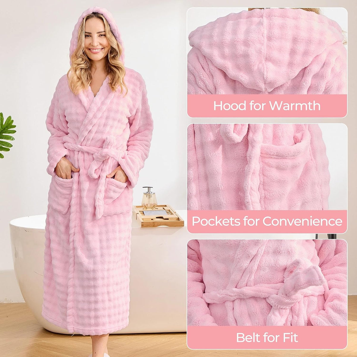 Women Hooded Towel Robe, Quick-Dry Absorbent Long Bathrobe
