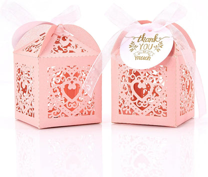 Pink Small Gift Boxes, 50pcs Laser Cut Candy Box Heart Shape